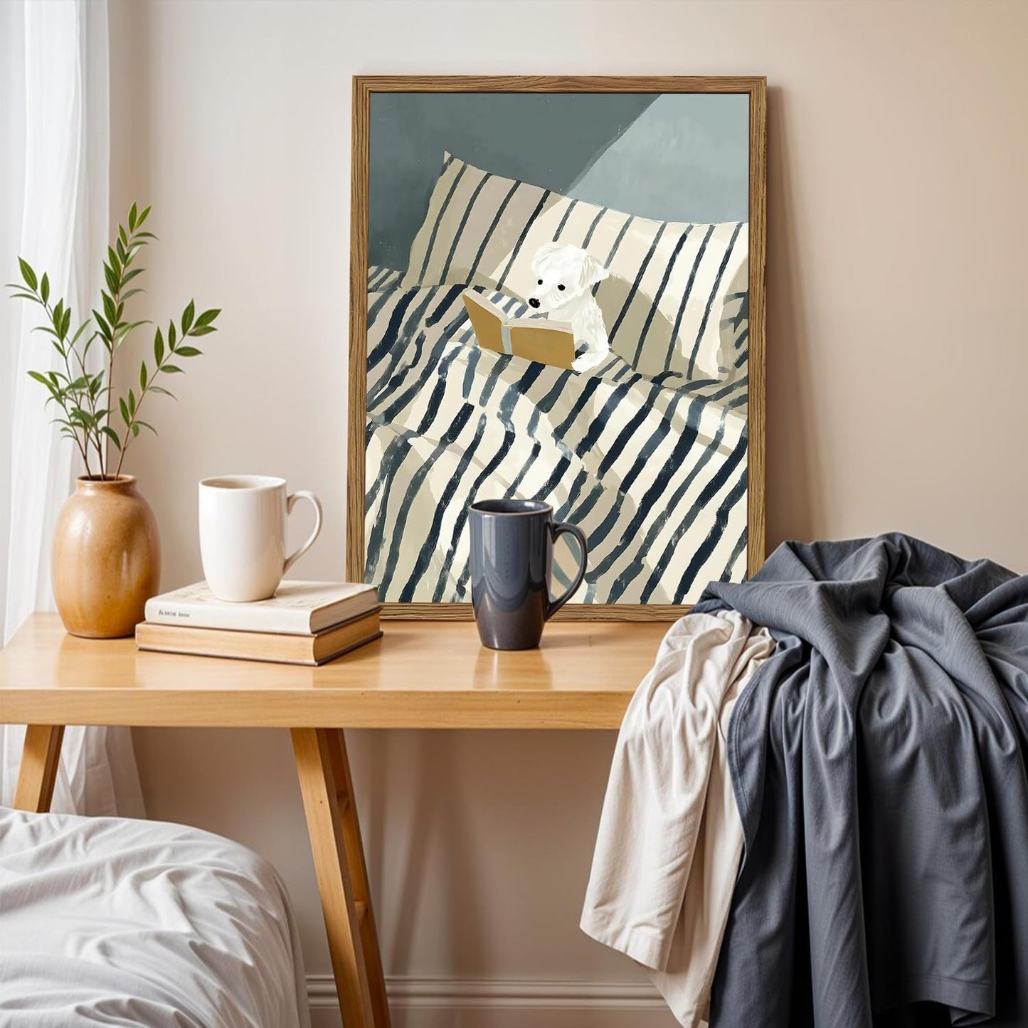Funny Dog Reading Wall Art Whimsical Dog in White and Blue Striped Bed Wall Decor Painting Eclectic Animal Poster Canvas Print for Bedroom Living Room Bathroom 24x16 inch Wood Framed
