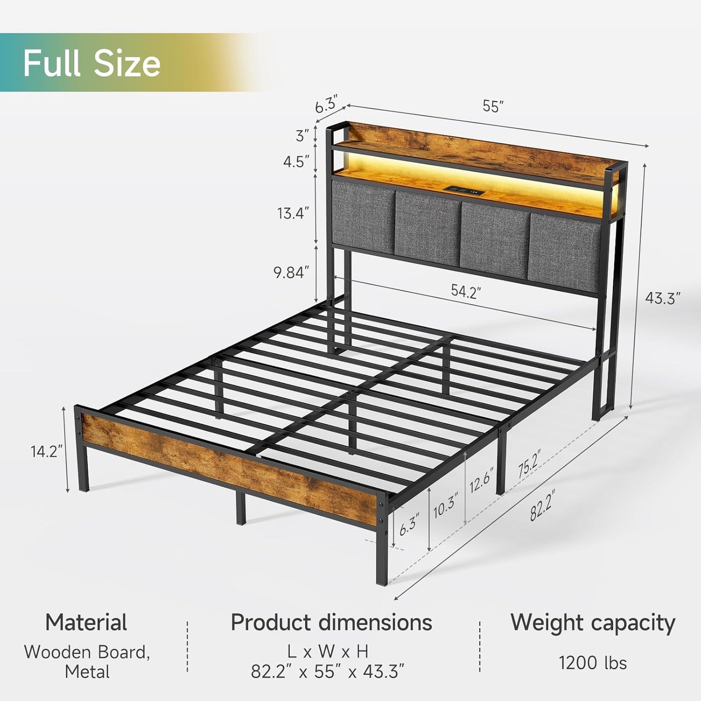 Full Bed Frame with LED Light &Charging Station, Metal Platform Bed with 2-Tier Shelves & Under Bed Storage, Upholstered Headboard&Footboard,No Box Spring Needed,Noise Free,Easy Assembly,Vintage Brown