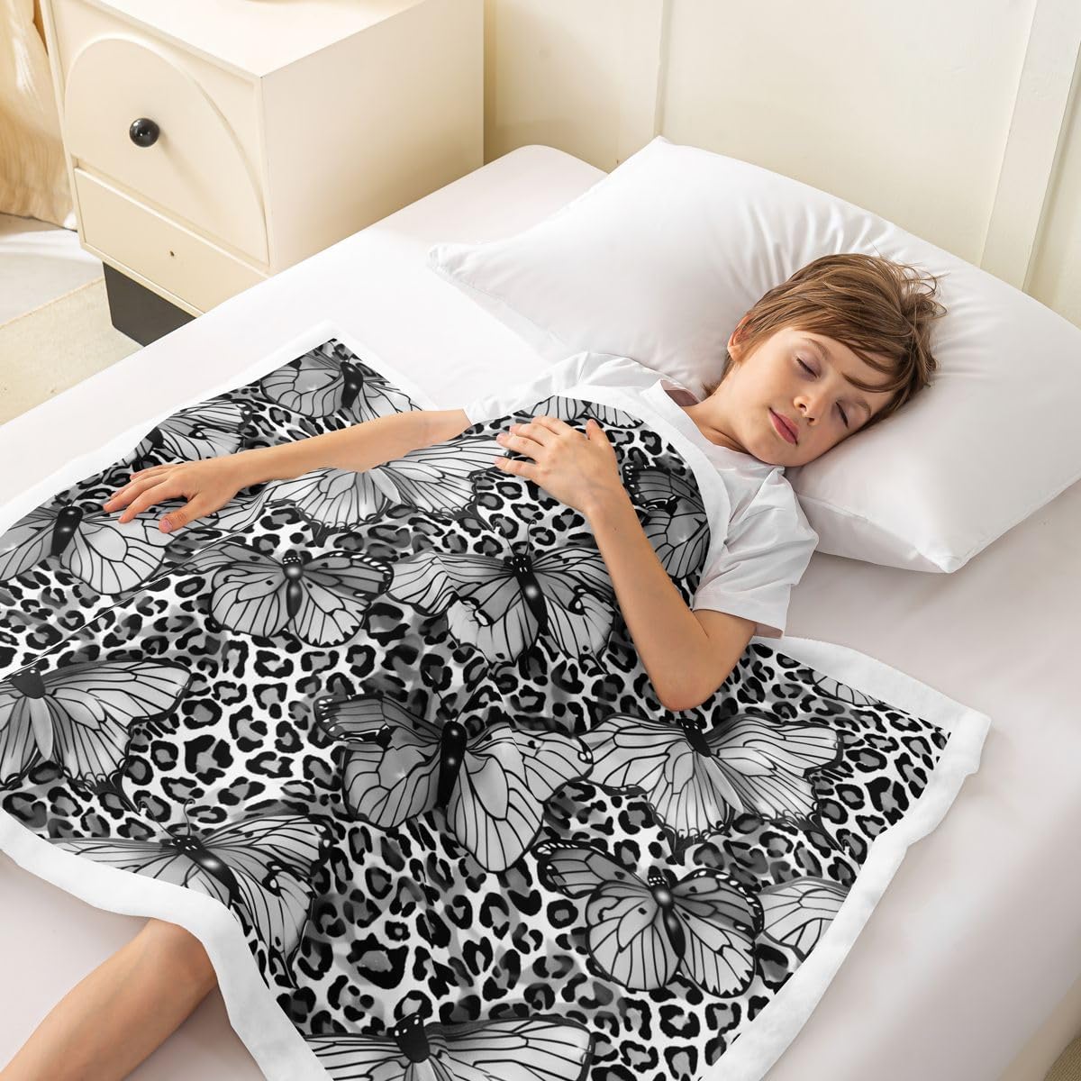 Feelyou Black Leopard Printed Sherpa Throw Blanket for Couch Butterfly Super Soft Cozy Fleece Animals Blanket for Winter, Plush Throw Baby 30"x40" All Season
