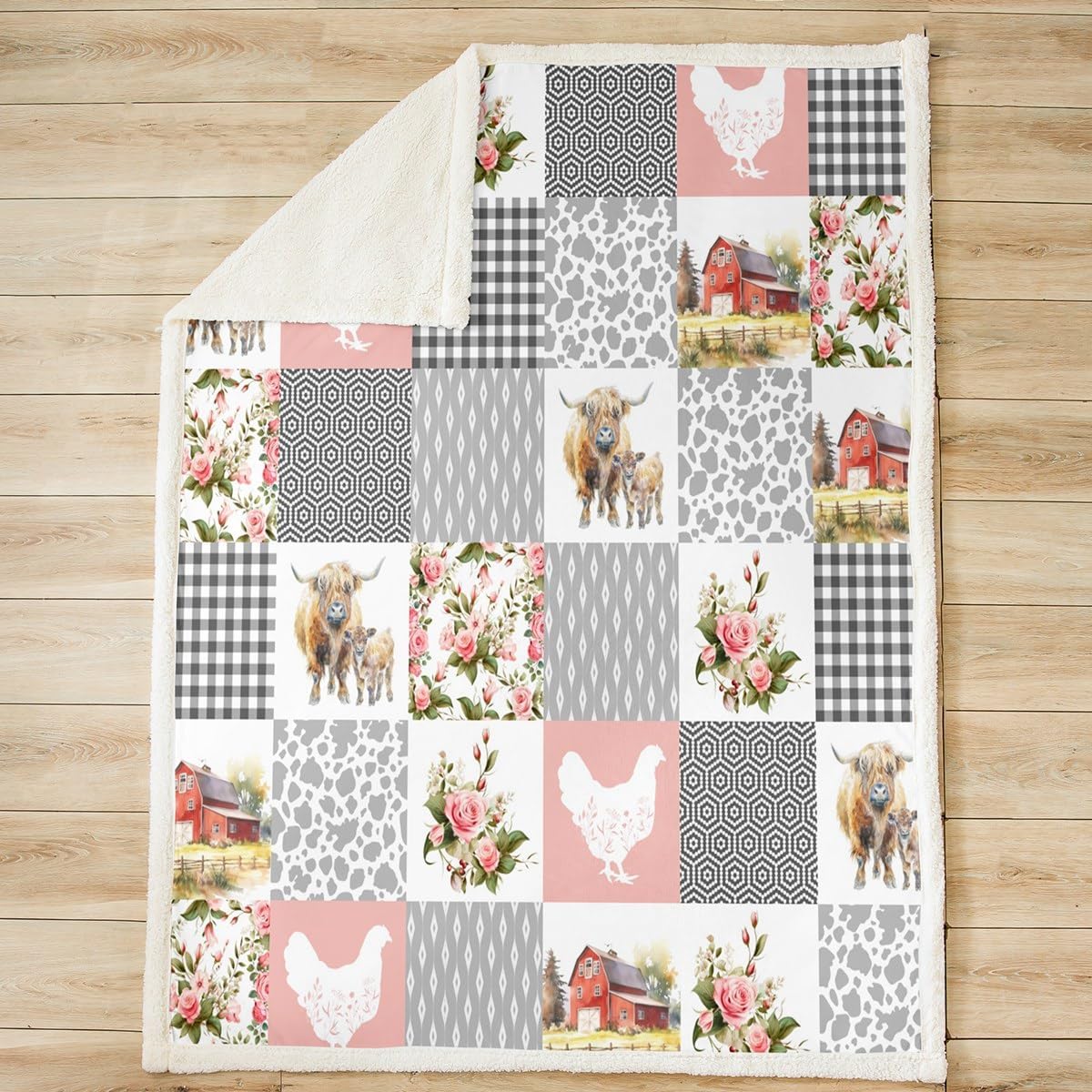 Farmhouse Barn Flannel Blanket,Chicken Highland Cow Flowers Grid Fuzzy Blanket Children Present,Rustic Pink Patchwork Geometric Polyester Throw Blanket Couch, Twin Size (60 x 80 Inch)
