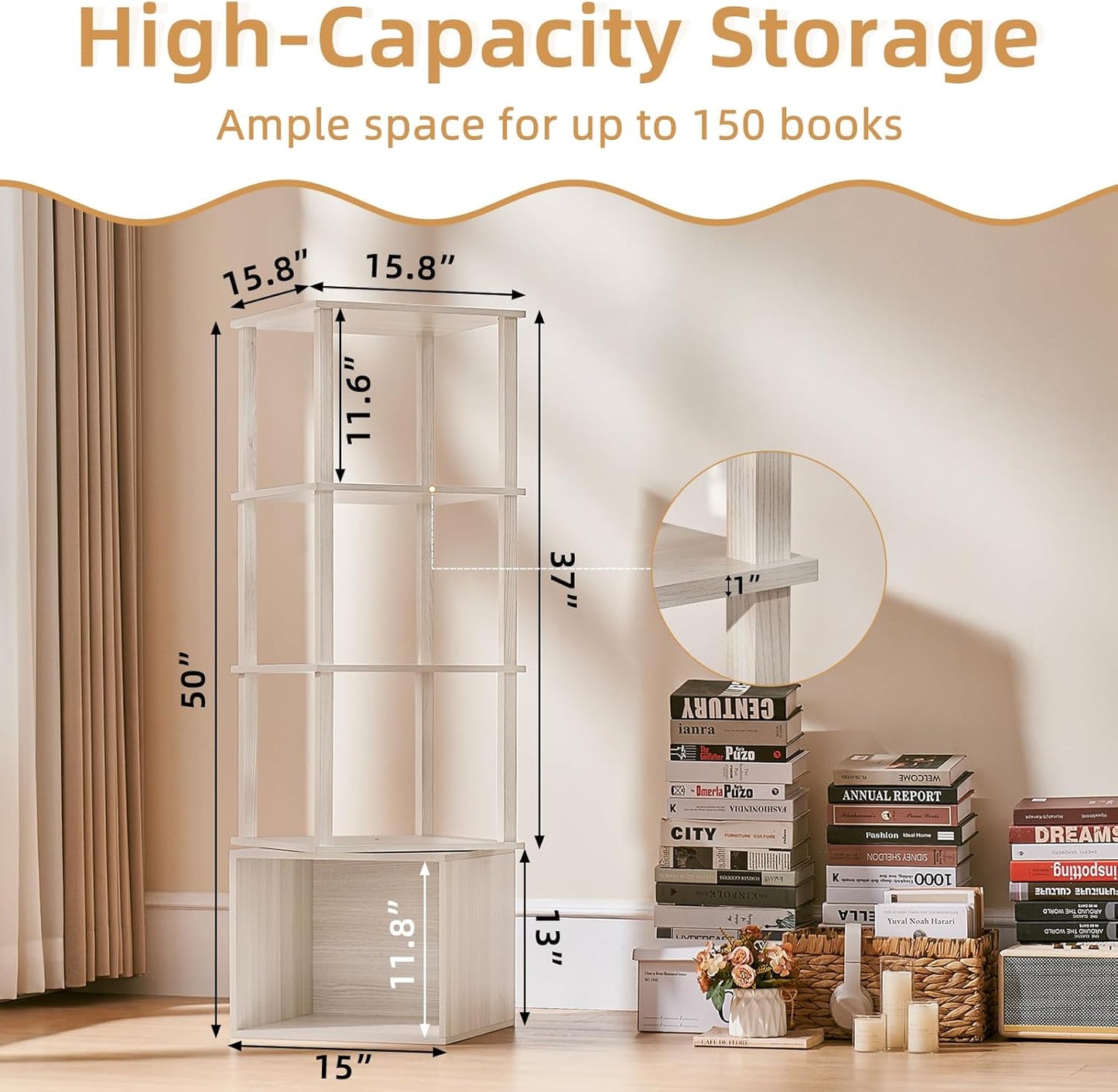 4 Tier Rotating Bookshelf with Storage Cabinet, 360° Display Revolving Bookcase, Square Spinning Book Shelf Tower Organizer, Freestanding Wooden Bookshelves for Small Space, Bedroom Living Room