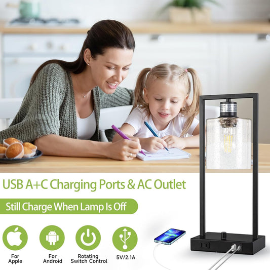 16" Set of 2 Industrial Table Lamps with USB A+C Charging Ports and AC Outlet, Fully Stepless Dimmable Bedside Lamps with Seeded Glass Shade for Bedroom Living Room Office, LED Bulbs Included