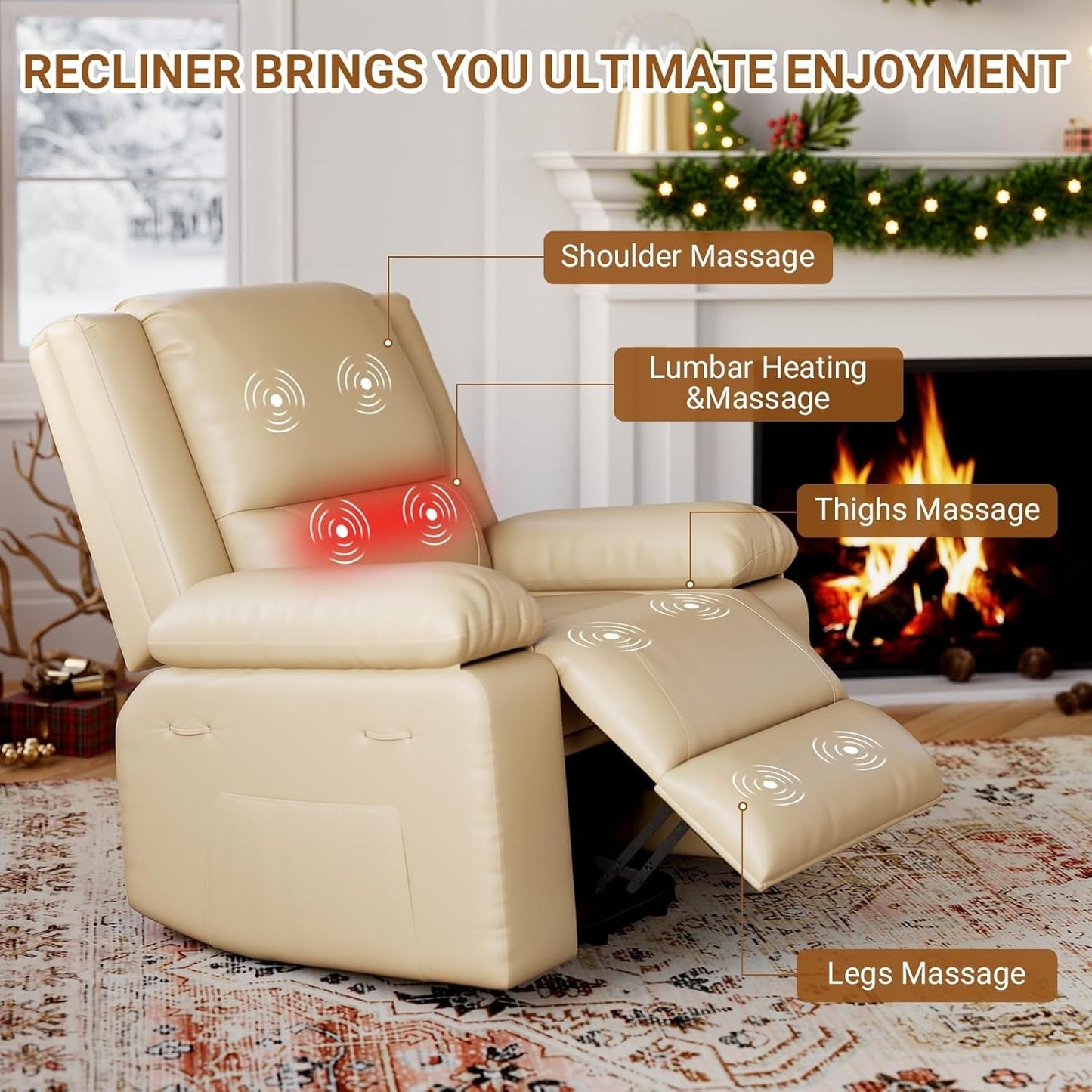 Power Lift Recliner Chair for Adults Adjustable Electric Reclining Sofa Lounge with Massage and Heat PU Leather Reclining Chairs with Side Pocket for Living Room Bedroom(Brown)