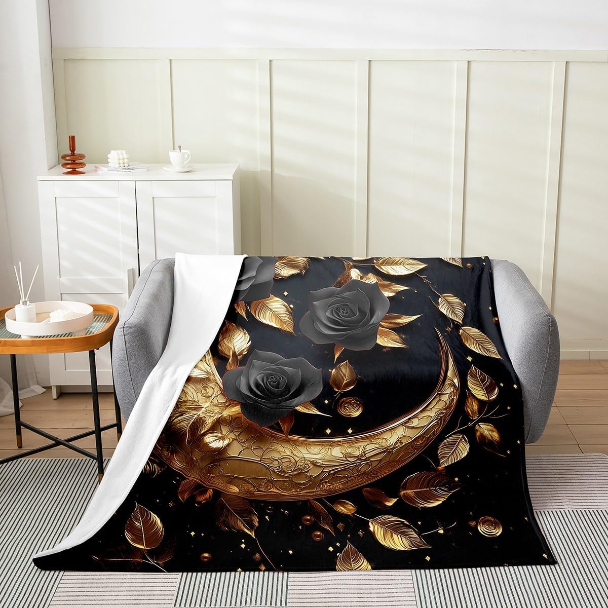 Erosebridal Rose Floral Blanket 40x50,Vintage Crescent Moon Throw Blanket for Girls Women,Elegant Baroque Victorian Fuzzy Blanket,Gold Leaves Flowers Flannel Blanket,Golden Black,Luxury Soft