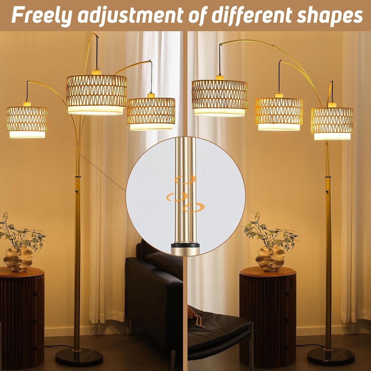 Gold Rattan Floor Lamp for Living Room, 80 Inch Tall Boho Floor Lamp with Rotary Switch, 3 Lights Arc Lamp with Wicker Shade for Coastal,Bohemian,Tree Farmhouse Standing Lamp