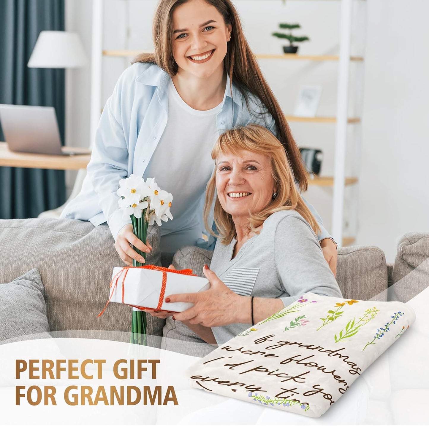 Grandma Gifts, Floral Blanket for Grandma Birthday, Mothers Day, Grandmother Gifts from Grandkids, Soft Throw Blankets 50'' x 60''