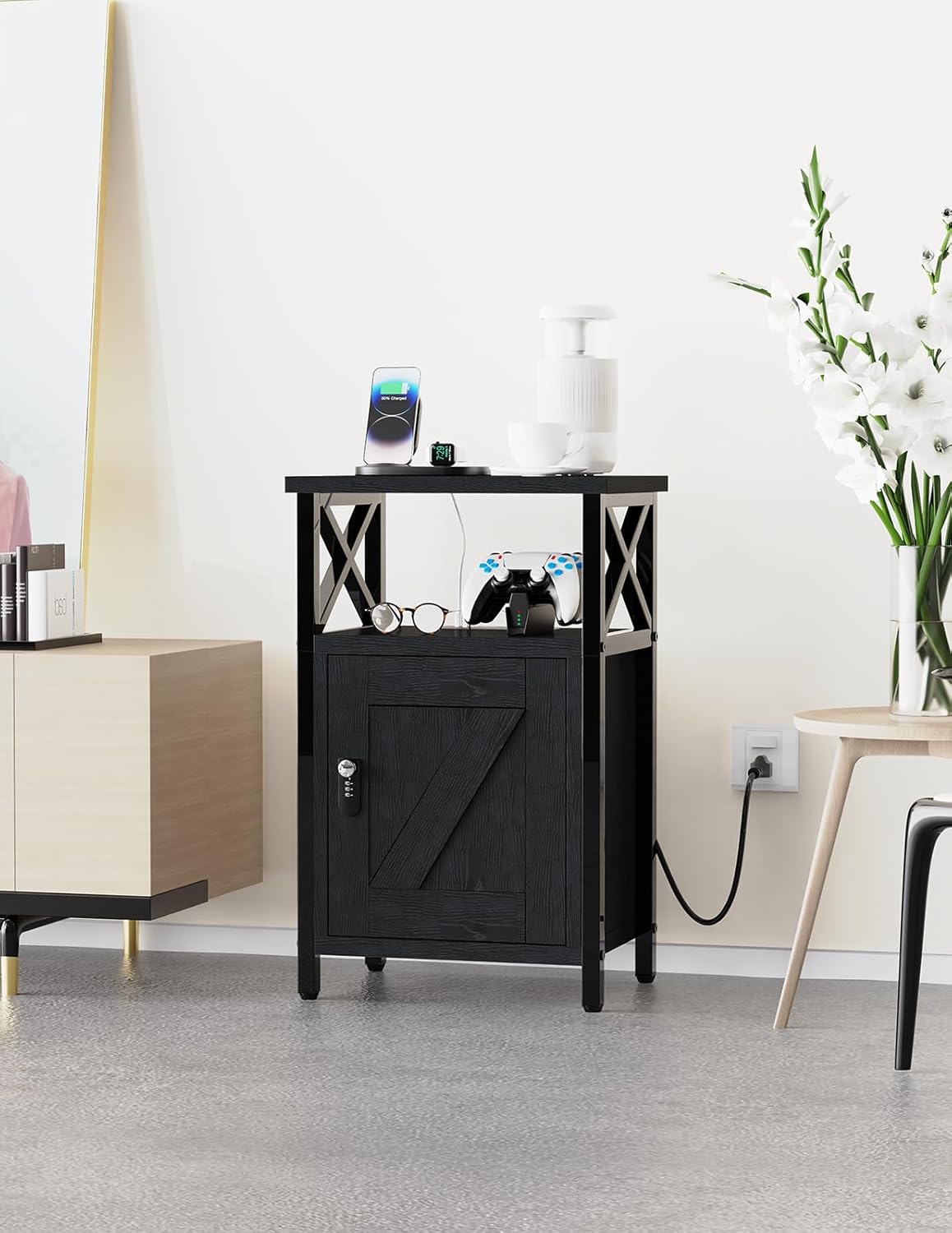 Wooden Nightstand with Charging Station, Bed Side Table with Drawers, Bedside Table with Lock, 3 USB & 2 Outlets, Night Stand with Cabinet Storage, End Table for Bedroom, Black