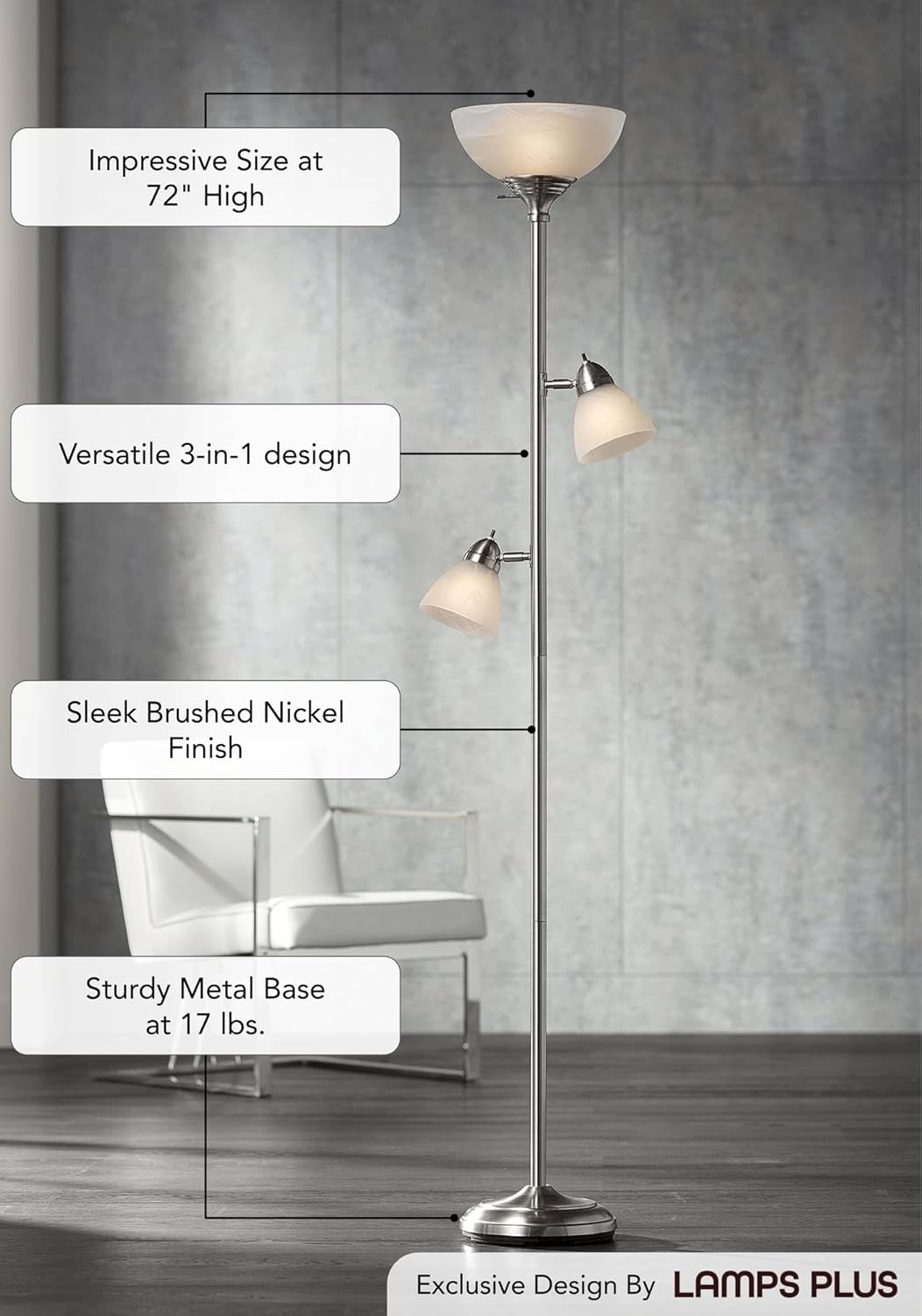 360 Lighting Ellery Modern Tree Torchiere Floor Lamp Standing 3-Light 72" Tall Brushed Nickel Silver Frosted White Glass Shade Decor for Living Room Reading House Bedroom Office
