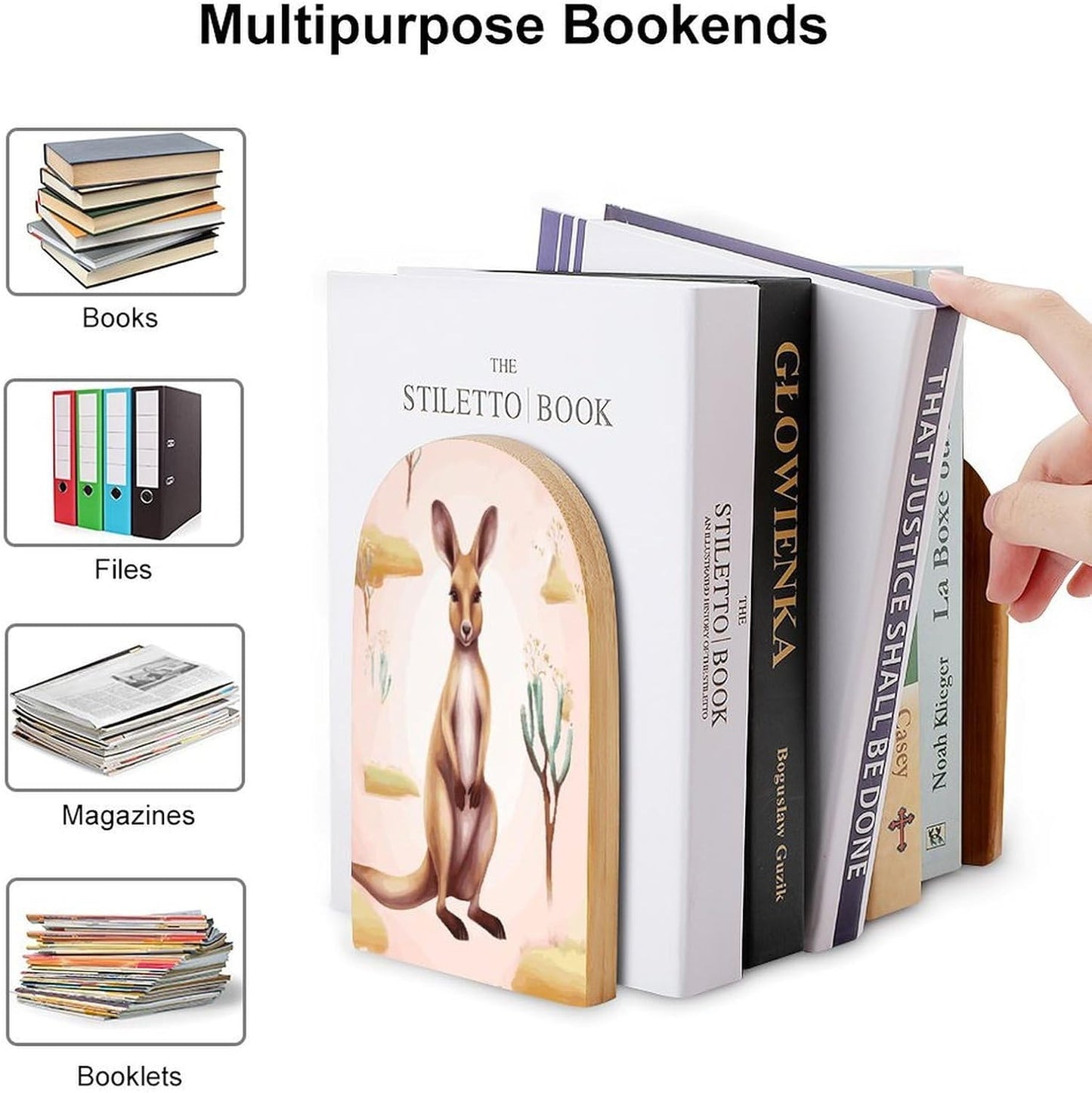 Non-Slip Bookend for Shelves Funny Cartoon Kangaroo Zoo Wooden Bookends with Metal Base Decorative Book Stopper for Home Heavy Duty Wood Book Storage for Books/CDs