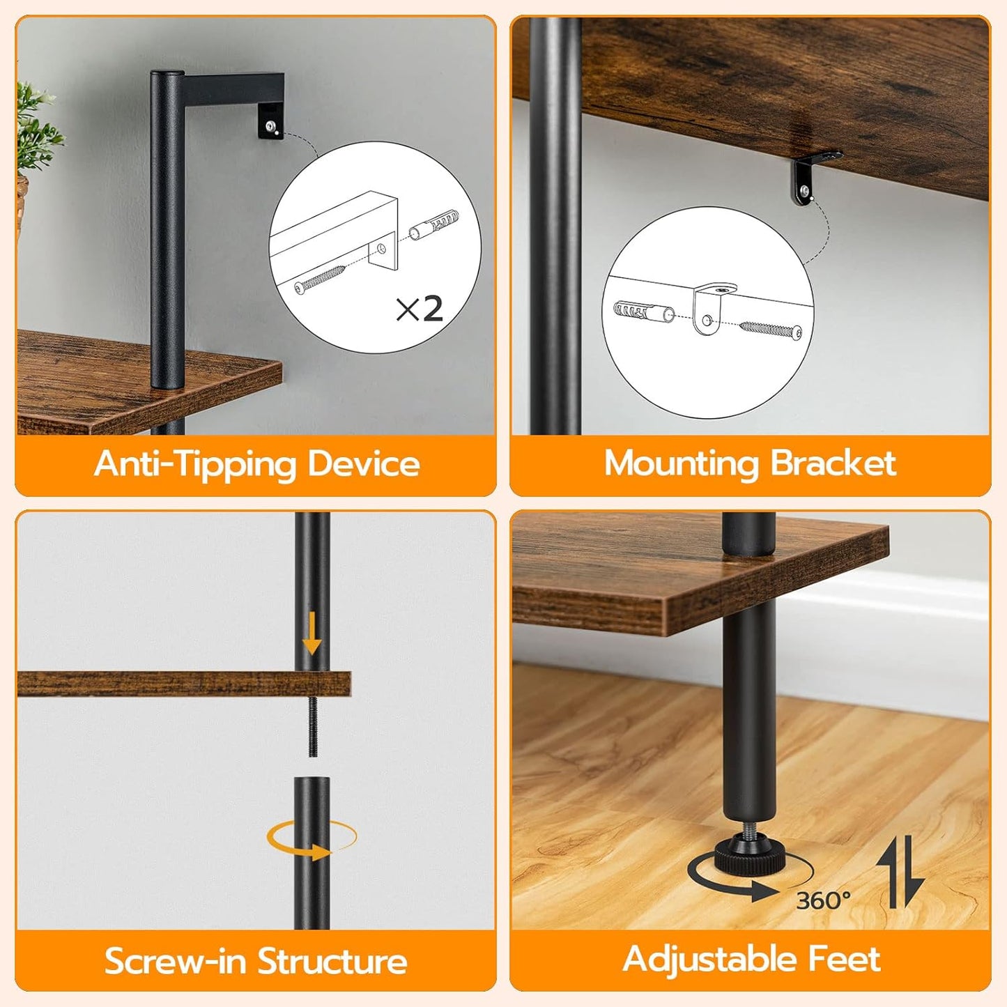 HOOBRO DIY Ladder Shelf, 6-Tier Wooden Wall Mounted Bookshelf, Narrow Bookcase, Display Shelf, Storage Rack, Plant Stand, for Living Room, Bedroom, Study, Balcony, Rustic Brown and Black BF651CJ01