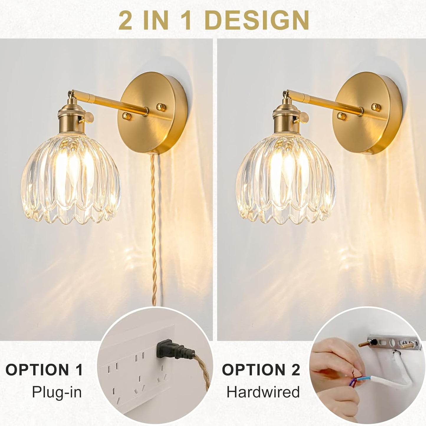Plug in Wall Sconce, Vintage Sconce Light with Tulip Transparent Glass Lampshade, Bedside Wall Sconce with Switch and Plug in Wall Lamp Cord, Gold Wall Light for Bedroom