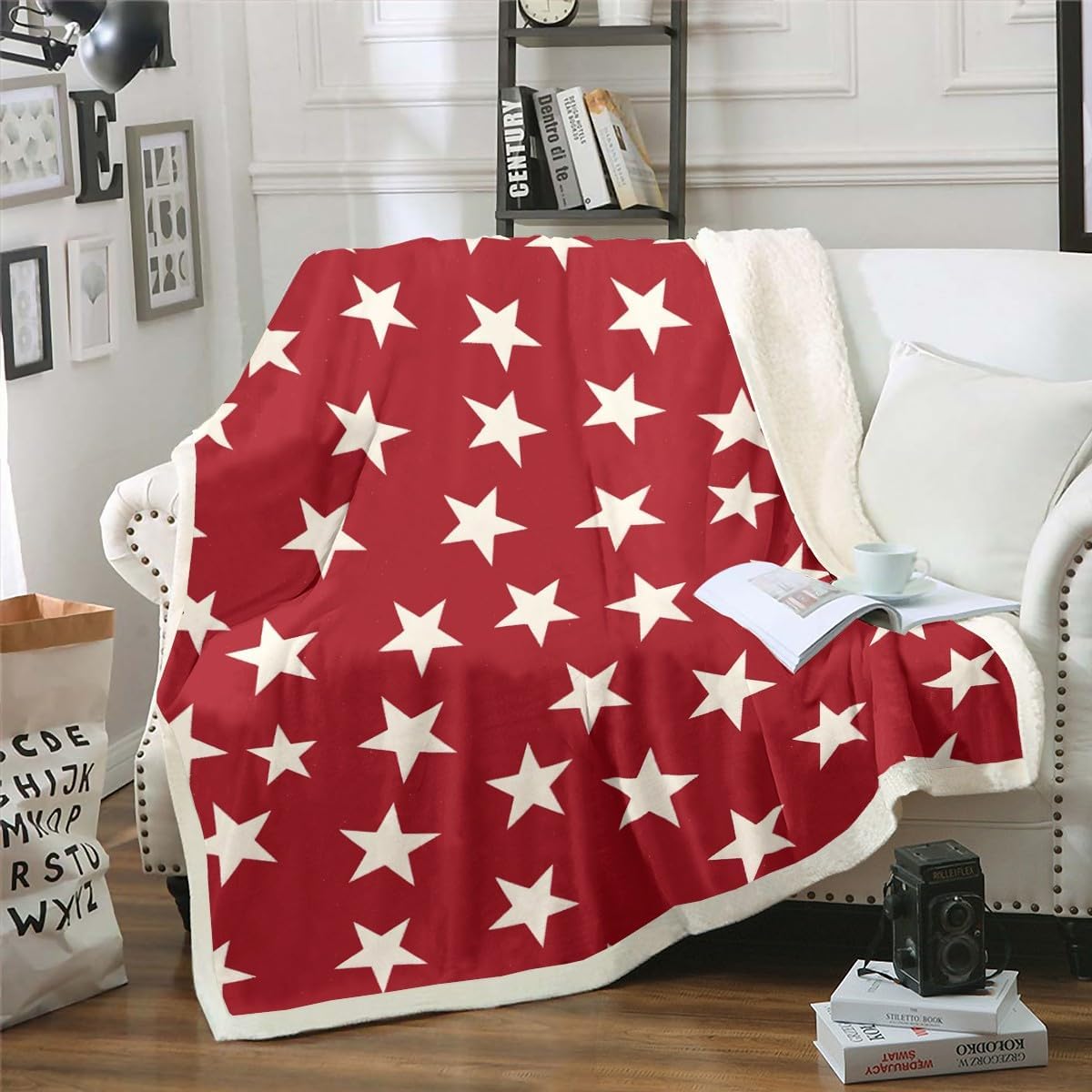 Feelyou Star Printed Fleece Throw Blanket Baby 30"x40" Kids Star Pattern Plush Blanket for Boys Girls Teens Shabby Chic Sherpa Blanket Deep Red Fuzzy Blanket
