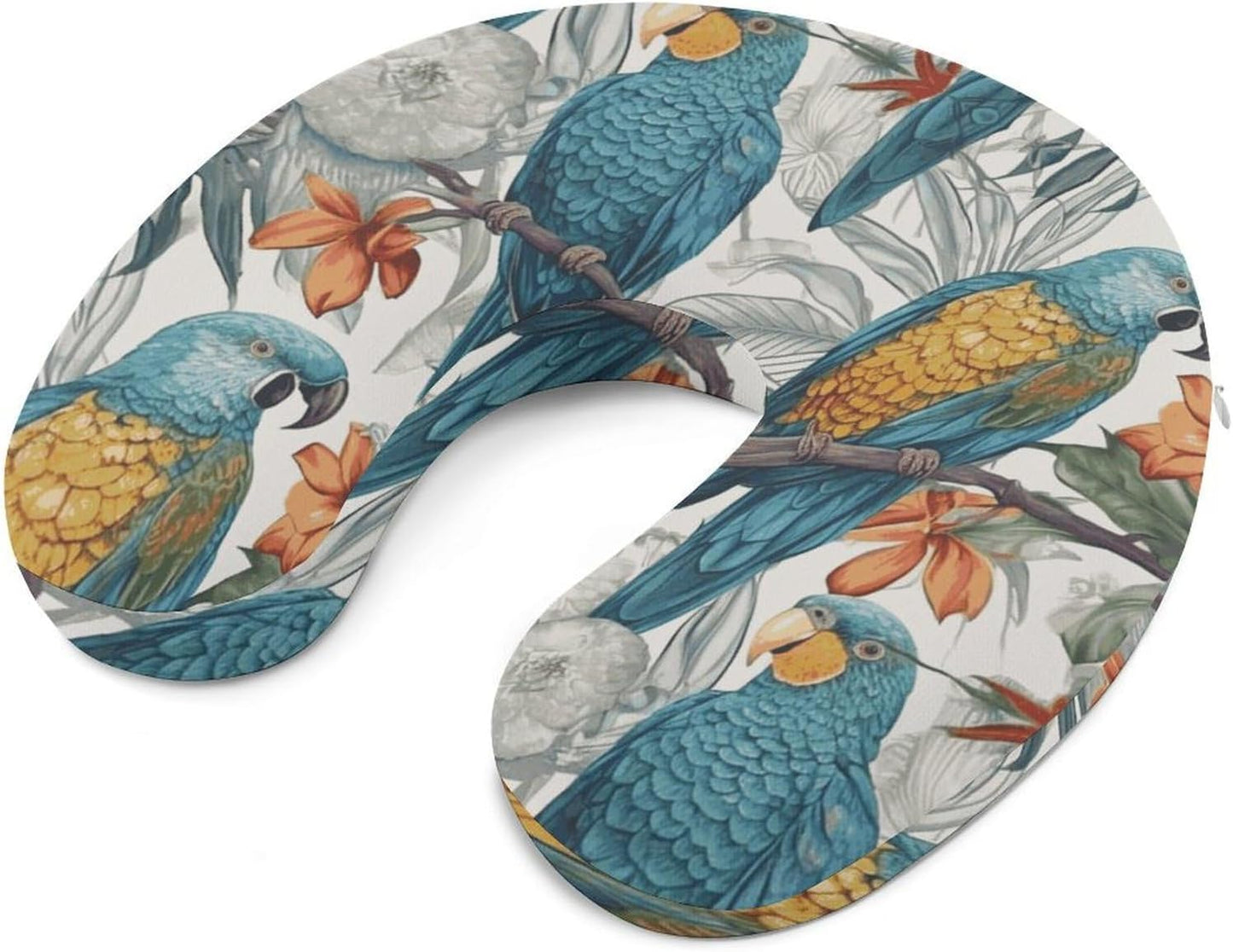 Parrots on Branches Neck Pillow Memory Foam U Shaped Pillows Portable Pillows for Shoulder Travel Head Support Pillow with Concealed Zipper for Airplane Car Home Office
