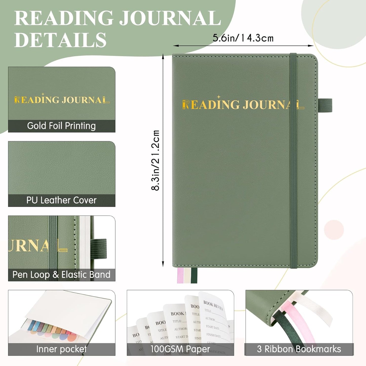 AKONEGE Reading Journal for Book Tracking - A5 PU Leather Book Journal Reading Log with 80 Reviews for Readers, Accessories with Sticky Tabs, Pen Holder, Ribbon Bookmarks, 5.6" x 8.3", Dark Green