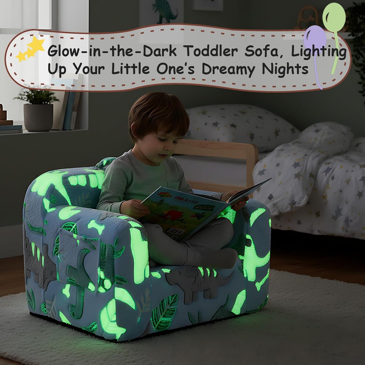 Tiita Kids Sofa, Childrens Couch with Carry Handle, Portable Toddler Foam Sofa Couch, Glow in The Dark Nursery Kids Couch, Lightweight Kids Chair for Playroom, Dorm Room, Small Space, Grey Dinosaur