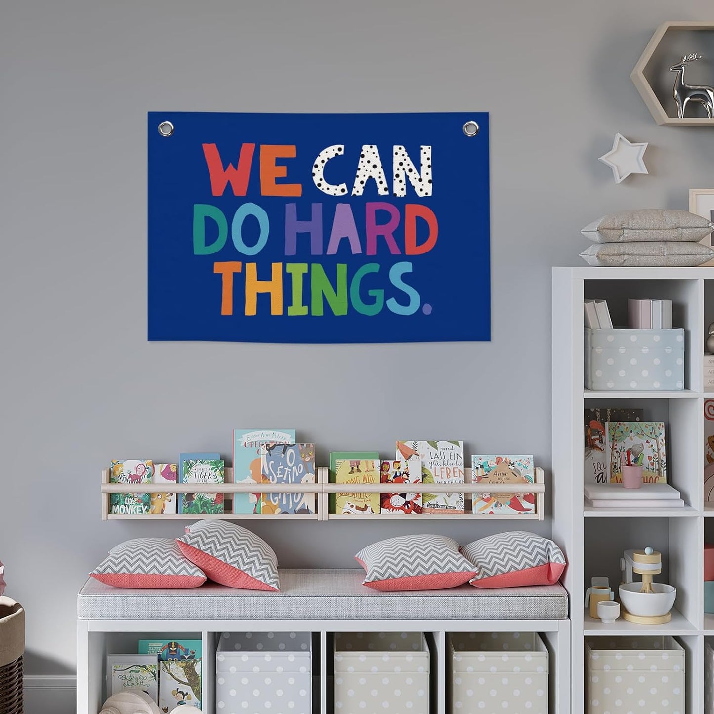 We Can Do Hard Things Kids Banner Canvas, Classroom Blue Toddler Room Decor, Inspirational Hanging Flag Sign, Nursery Wall Tapestry Art for Playroom School Counseling Office Boy Decor 20x30in