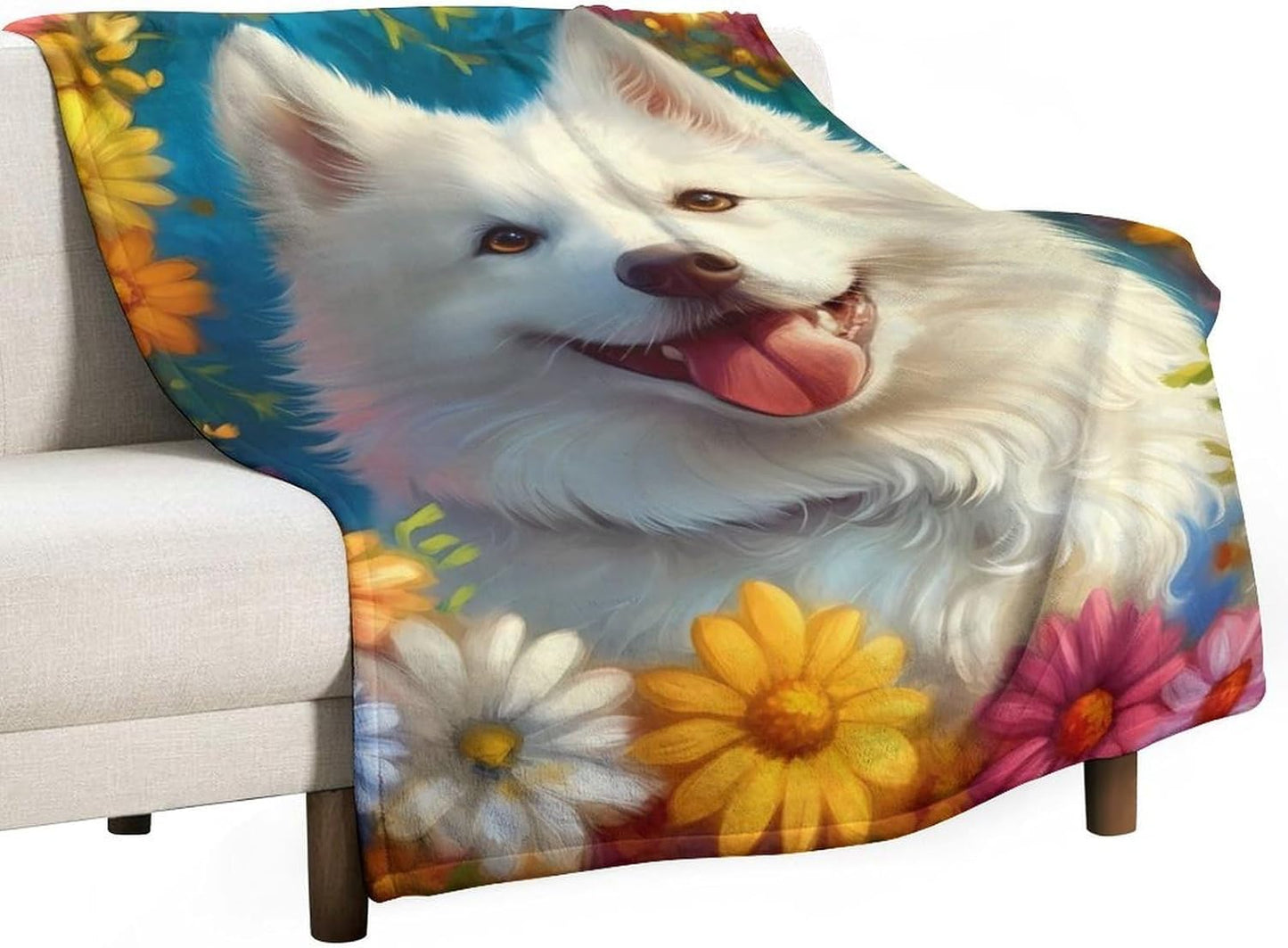 Cute Samoyed Throw Blanket for Couch Bed Plush Cozy Fuzzy Flannel Blanket for All Season 66"x90"