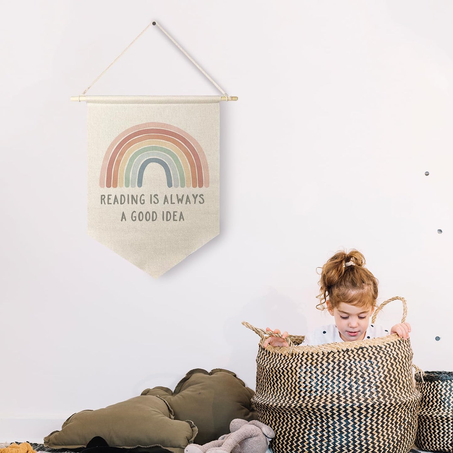 Qpenm Read Rainbow Hanging Wall Canvas Banner,Reading Read Corner Hanging Pennant Flag Prints,Classroom Wall Decor,Boho Classroom Nursery Decor poster&prints