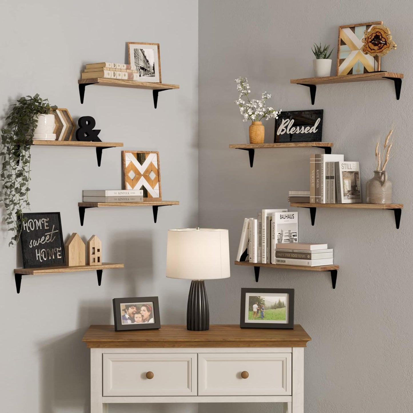 Wallniture Arras Floating Shelves for Wall, 17"x 4.5" Rustic Bookshelf for Living Room Decor, Home Office Bookshelves, Burned Finish Storage Shelf Set of 8
