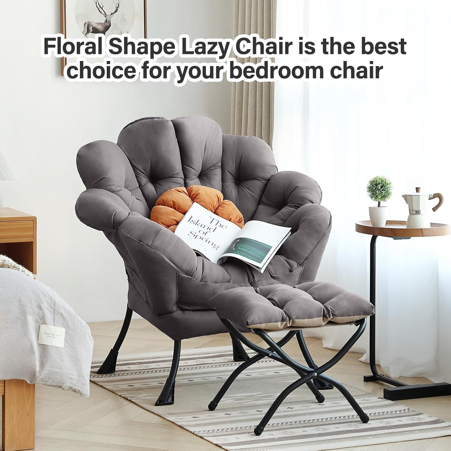 Lazy Chair with Ottoman, Modern Floral Reading Chair with Folding Footrest, Dark Grey Accent Chairs, Comfortable Oversized Armchairs for Bedroom, Living Room, Courtyard