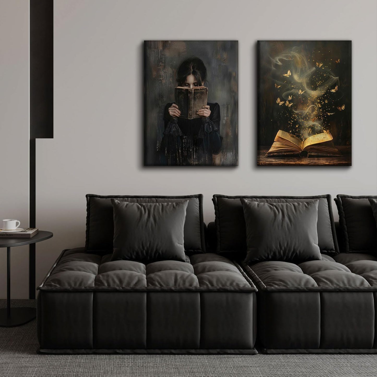 2Pcs Dark Preppy Butterfly Book Canvas Wall Art Gothic Victorian Woman Reading Magic Book Wall Decor Dark Moody Girl Posters Prints Vintage Bookish Reading Corner Paintings Pictures 12x16 Inch