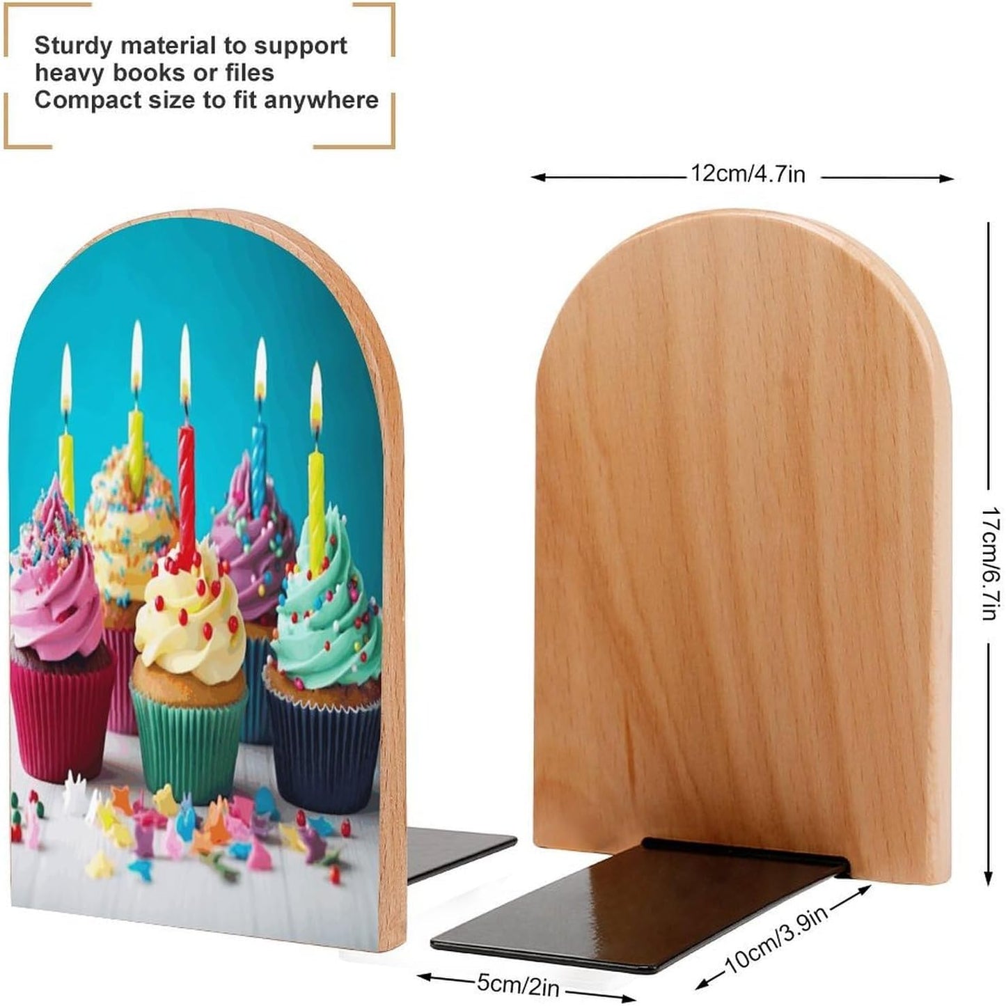 Non-Slip Bookend for Shelves Colorful Happy Birthday Cupcakes Wooden Bookends with Metal Base Decorative Book Stopper for Home Heavy Duty Wood Book Storage for Books/CDs