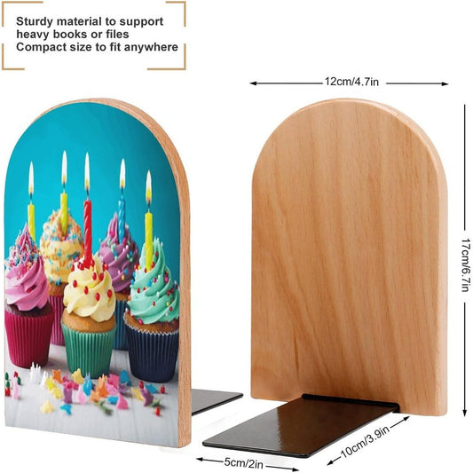 Non-Slip Bookend for Shelves Colorful Happy Birthday Cupcakes Wooden Bookends with Metal Base Decorative Book Stopper for Home Heavy Duty Wood Book Storage for Books/CDs