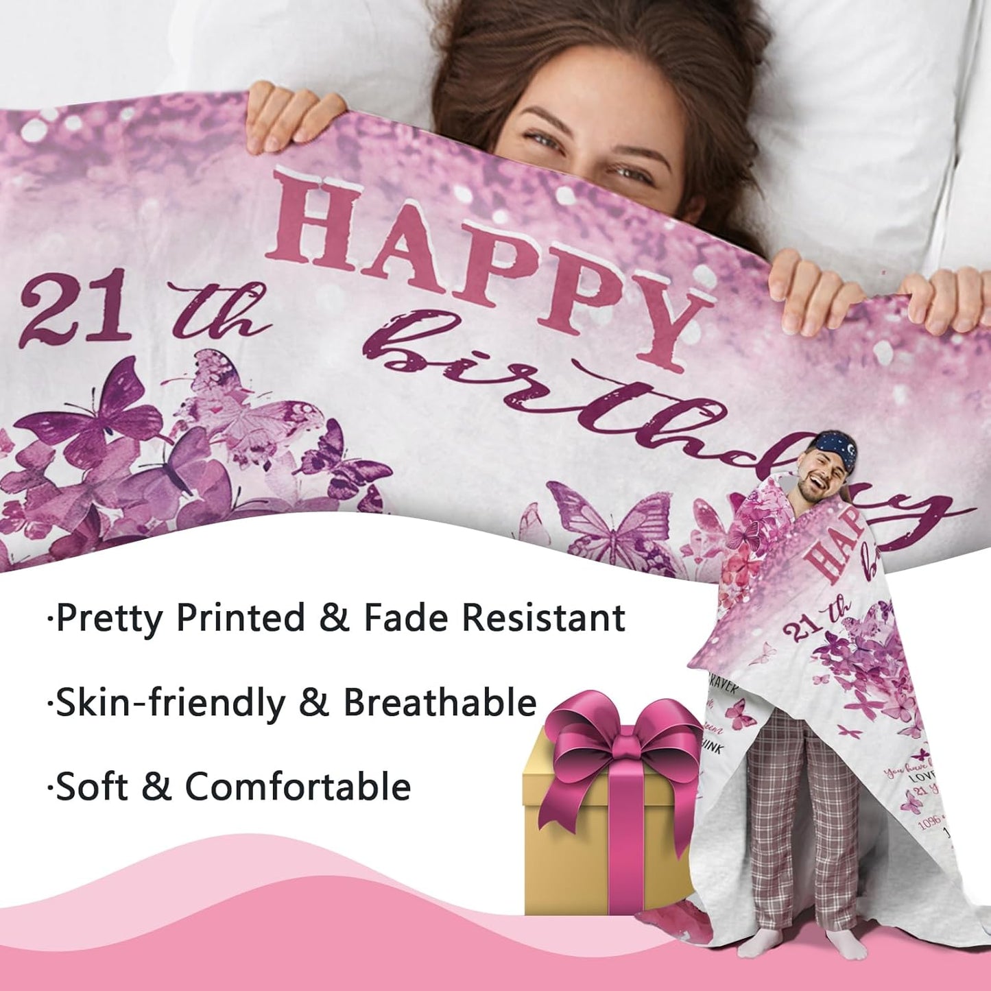 Happy 21th Birthday Gifts for Girls Flannel Throw Blanket, 21 Year Old Birthday Gift Ideas, Pink Love Heart Tree Present for Women Daughter, Girly Bday Soft Bedding Sofa Blankets 50'' x 60''