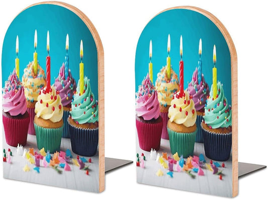 Non-Slip Bookend for Shelves Colorful Happy Birthday Cupcakes Wooden Bookends with Metal Base Decorative Book Stopper for Home Heavy Duty Wood Book Storage for Books/CDs