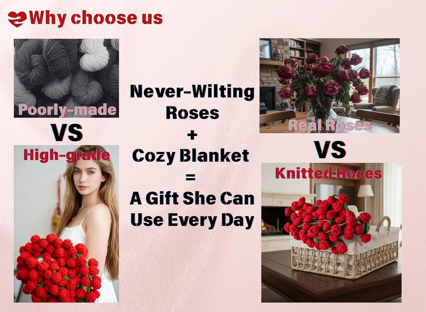 SST Stocking Stuffers, Crochet Rose Flowers Blanket Bouquet, Handmade Knitted Throw Blanket for Women