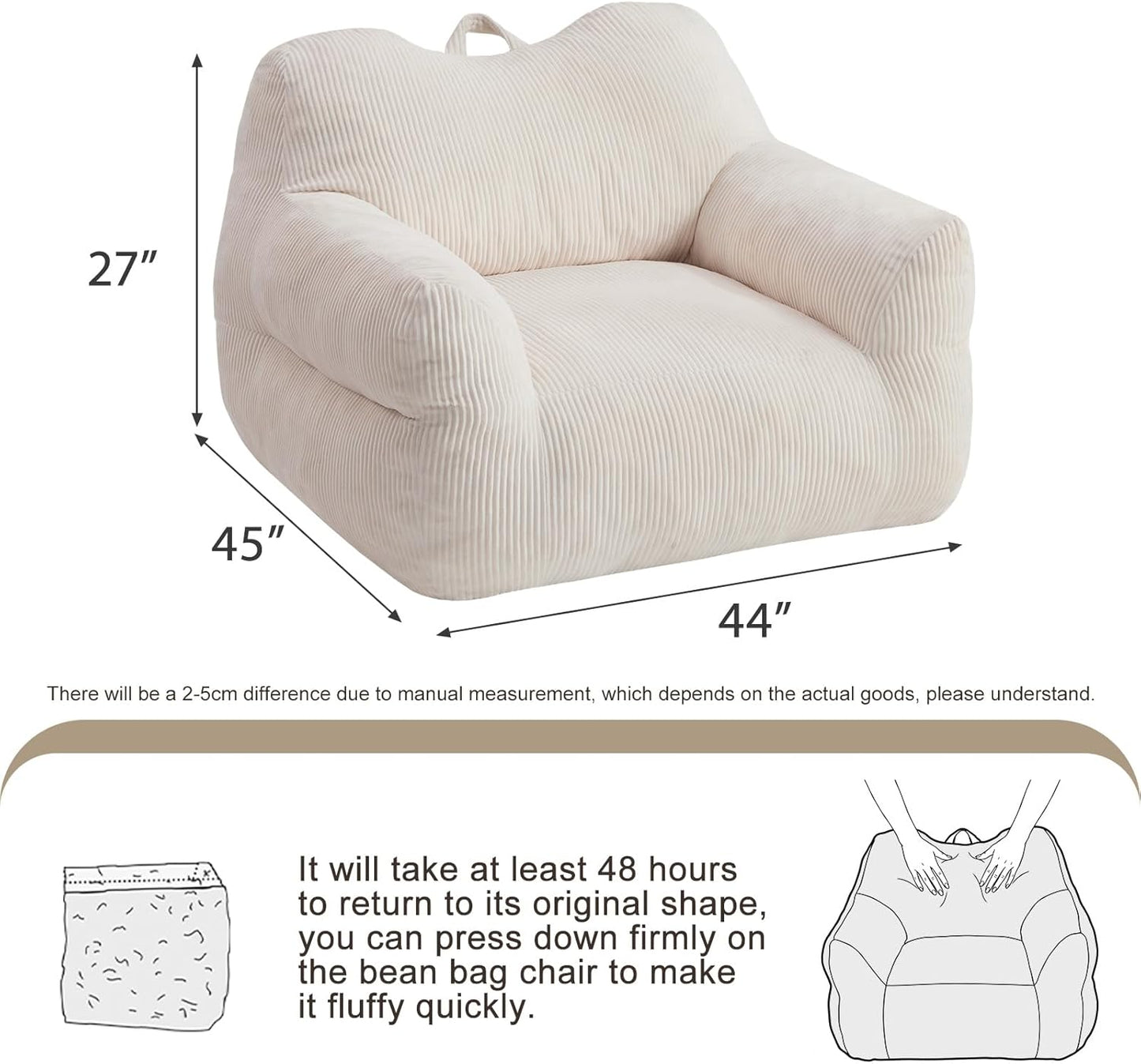 Big Bean Bag Chair for Adults & Kids, Giant Oversized Bean Bag Couch, Comfy Reading Chair with Armrests, Soft Cozy Chair for Bedroom, Lounge Sofa for Gaming, Napping & Relaxing, Beige