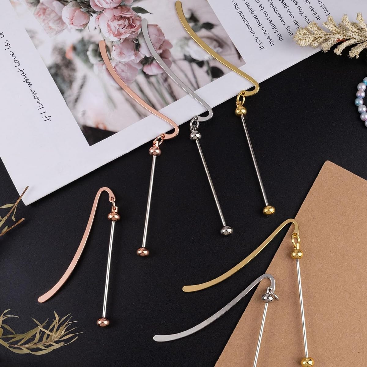 6Pcs Beadable Bookmarks DIY Metal Blank Beaded Bar, Beading Bookmark Bars Bulk for Beads for Book Lovers Student Teacher Office Supplies Craft Jewelry Pendant Charm Gift Birthday Present Gold
