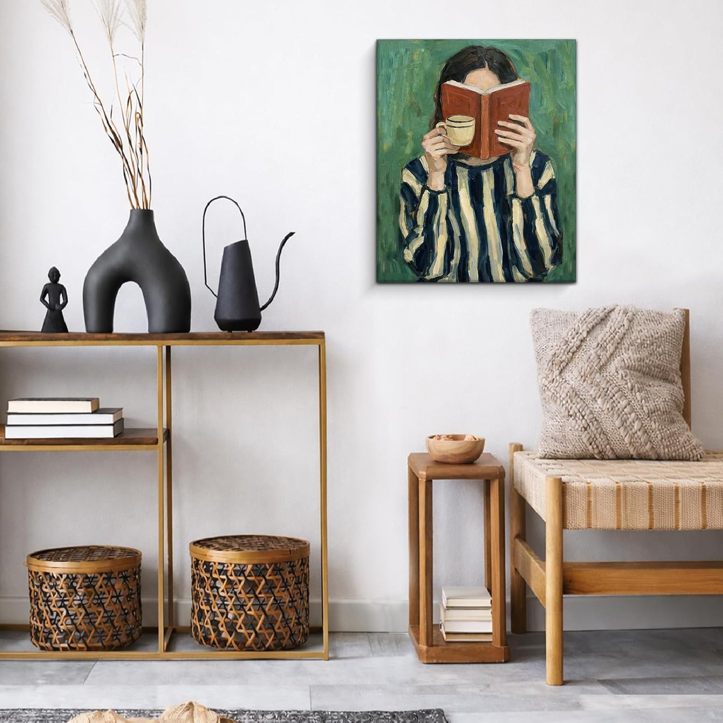 Modern Reading Wall Art, Aesthetic Green Bookish Wall Decor for Bedroom Study Room, Vintage Reading Woman Canvas Prints Poster Framed 8x10 Inch