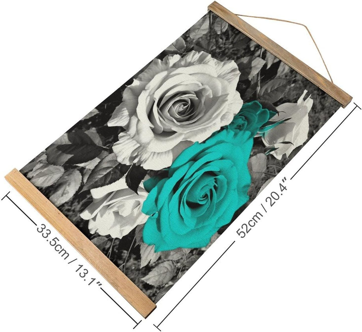 Vintage Black White Teal Gray Rose Flowers Poster with Wooden Frame Personalized Linen Hanging Scroll Painting Rustic Wall Hanging Illustrative Modern Artwork Decor for Home Living Room Bedroom Office