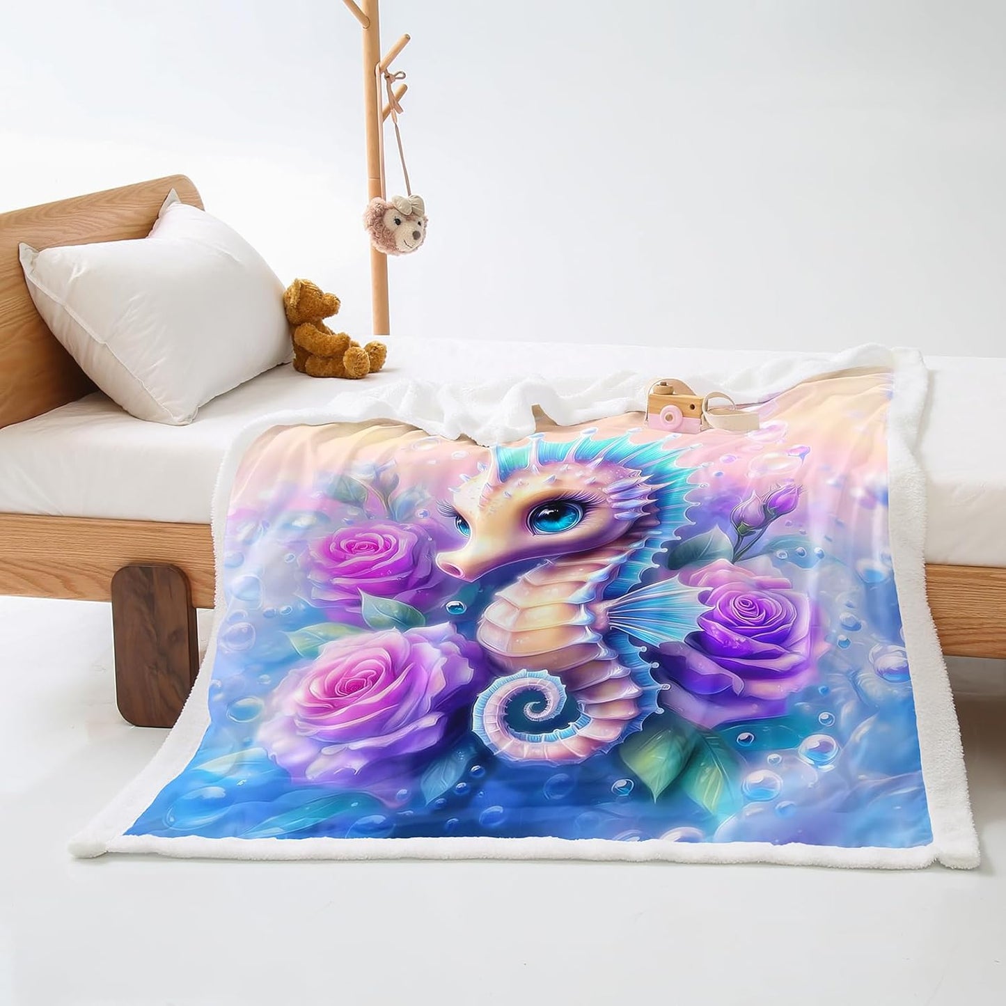 AILONEN Cartoon Rainbow Seahorse Sherpa Fleece Throw Blanket,Ocean Animal Floral Sherpa Blankets for Kid Teen Girls,Colorful Bubble Blanket for Bed Sofa Couch Decor,Soft and Cozy, 59 x 47 Inches