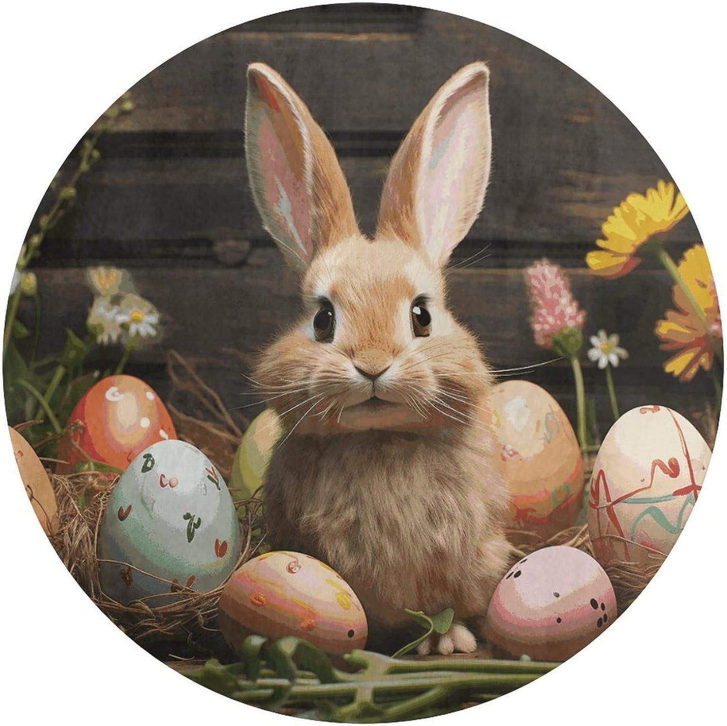 Easter Egg Bunny Circle Rug Retro Luxury Coral Velvet Floor Mat Non Slip Soft Indoor Floor Carpet Comfy Thickened Area Rugs Modern Aesthetic Minimalist Carpets for Home Decor