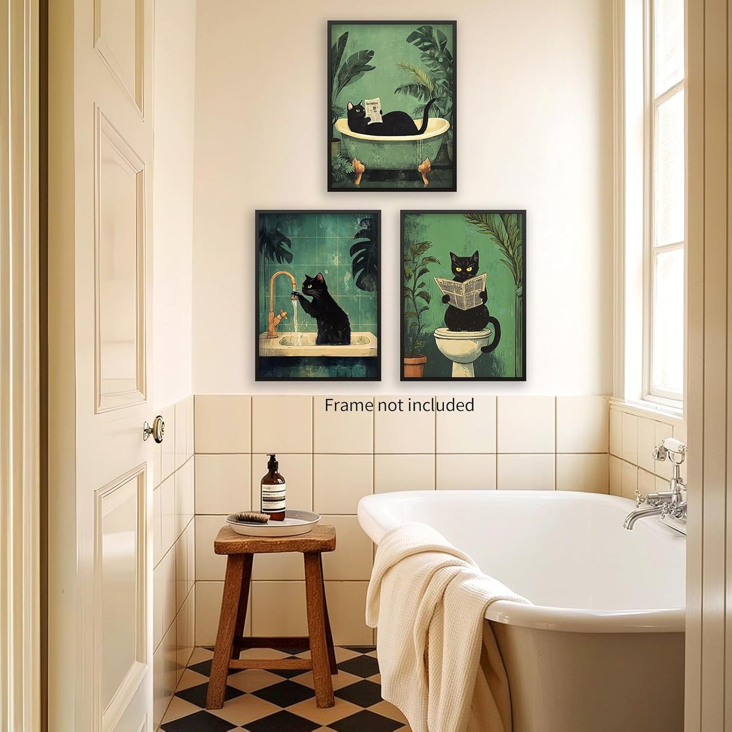 FuSatisYilife Fun Bathroom Black Set of 3 Cat Wall Art Funny Cat Wash Its Paws Reading Newspaper Poster Retro Animal in Bathtub Canvas Prints for Restroom Toilet Wall Decor 08x10 inch Unframed