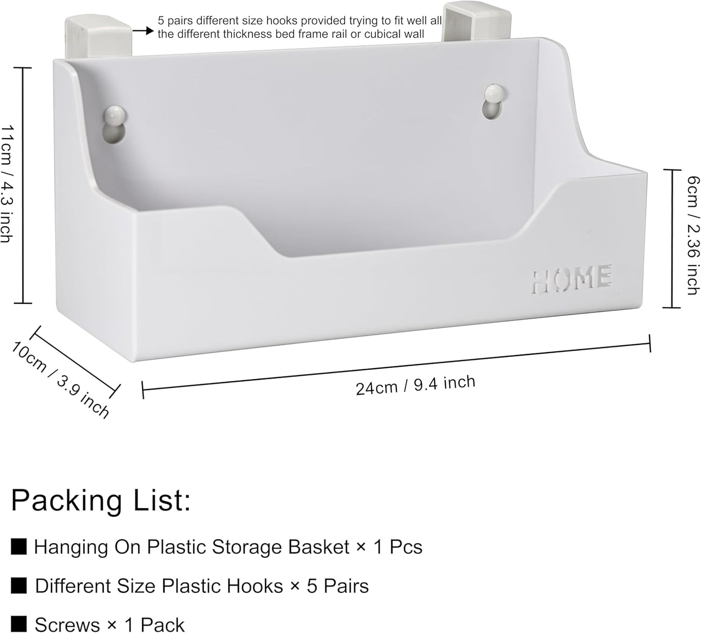 Bedside Caddy Hanging Storage Basket Little Size Plastic Beside Shelf Hang-on Storage Organizer for Collage Dorm Bunk Bed,Changing Table - Bedroom Essentials for Phone,Mini Speaker,Tissues (White)