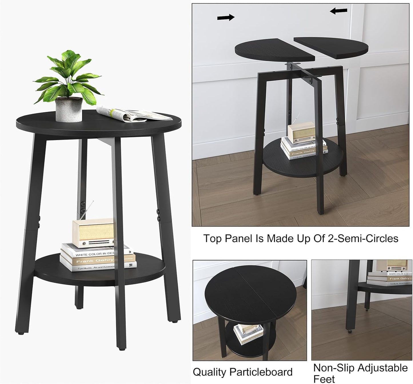 Side Table, Small Round End Table with Storage Shelf for Small Space, 2-Tier Black Bedside Table Sofa Couch Table, Round Accent Table Nighstands for Living Room, Bedroom, Black