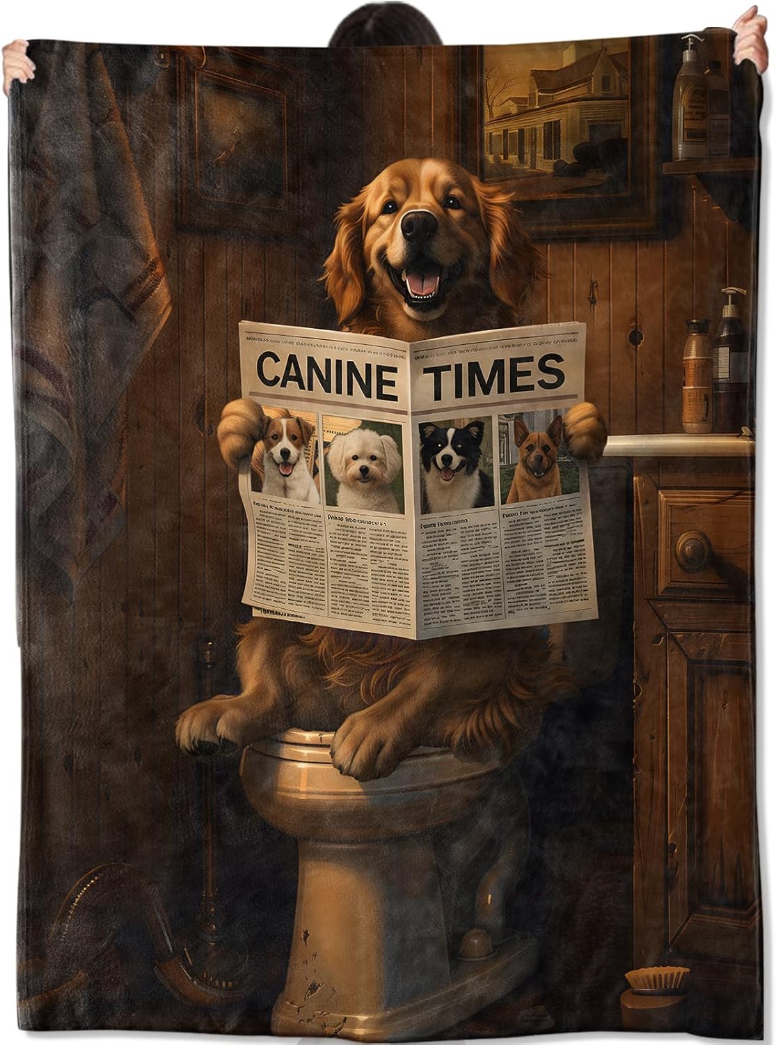 Funny Dog Reading Newspaper Blanket, Humorous Pet Bathroom Scene Illustration Lightweight Flannel Throw 50×60 for Couch Sofa, Playful Home Decor and Unique Gifts for Dog Lovers Adults Teens