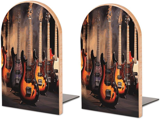 Cool Electric Guitar Bookend for Shelves Wooden Book End Large Size Sturdy Book Holders Stoppers with Metal Base for Bookshelves Slick Decorative Bookends Stands