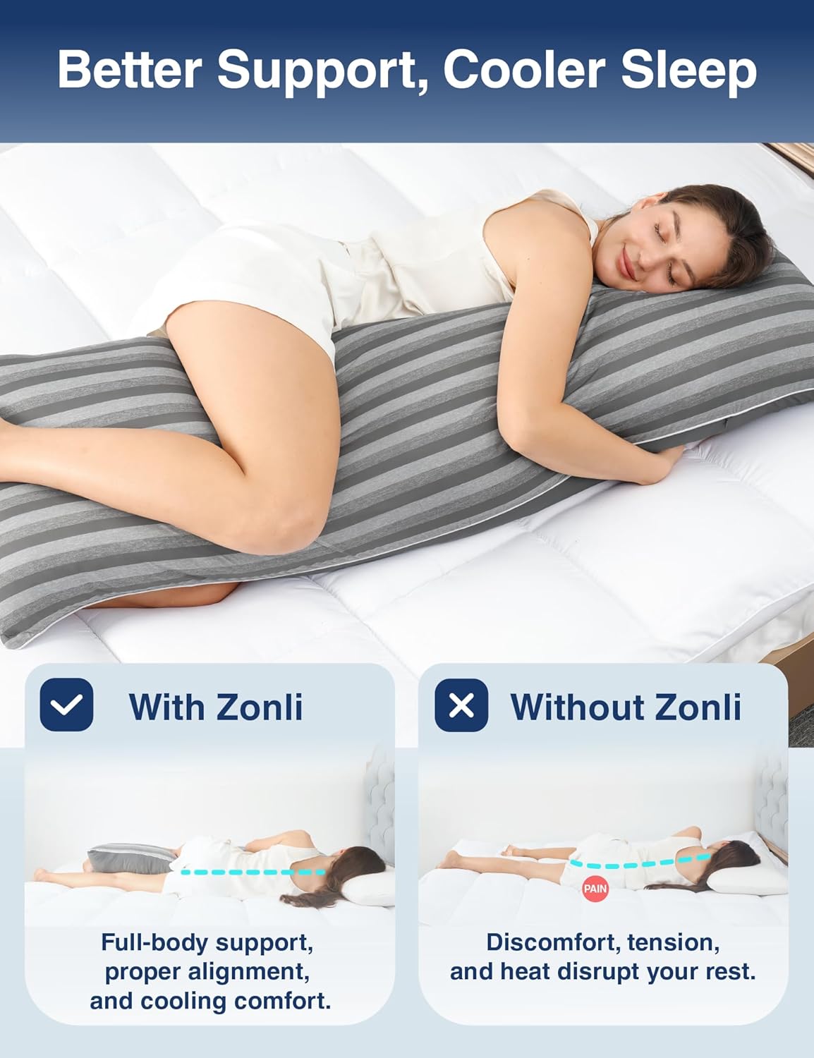 ZonLi Cooling Body Pillow for Adults, Long Pillow with Memory Foam Adjustable, Firm Support Body Pillow for Side Sleeper, Pregnant, Back Pain Relief, Washable Pillowcase, 20x54 inch, Grey