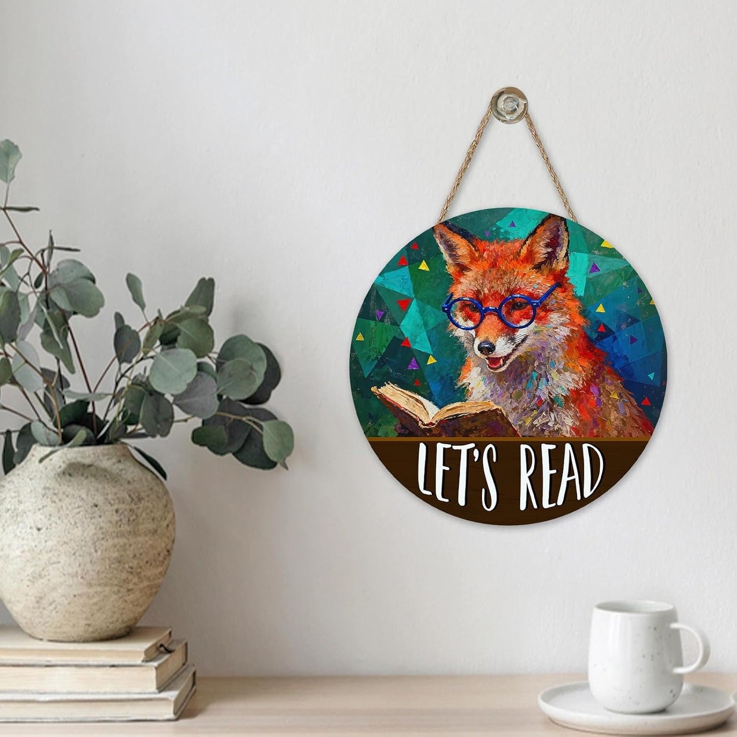 Let's Read Fox Front Door Sign, Inspirational School Classroom Library Reading Corner Wood Plaque Hanger, Farmhouse Wooden Wreath Indoor Wall Hanging Home Decor Book Lover Gift