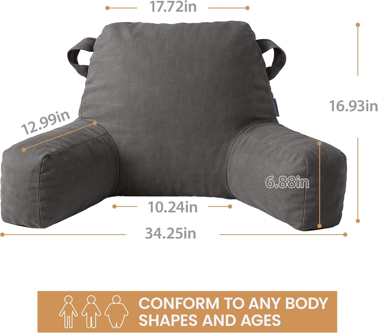 Portable Comfy Reading Pillows for Bed Sitting Up(Light Grey Oeko-Tex), Velvet Back Pillow with Arms & Pockets for Adults, Support Memory Foam Bed Pillow for Dorm/Reading/Watching/Gaming