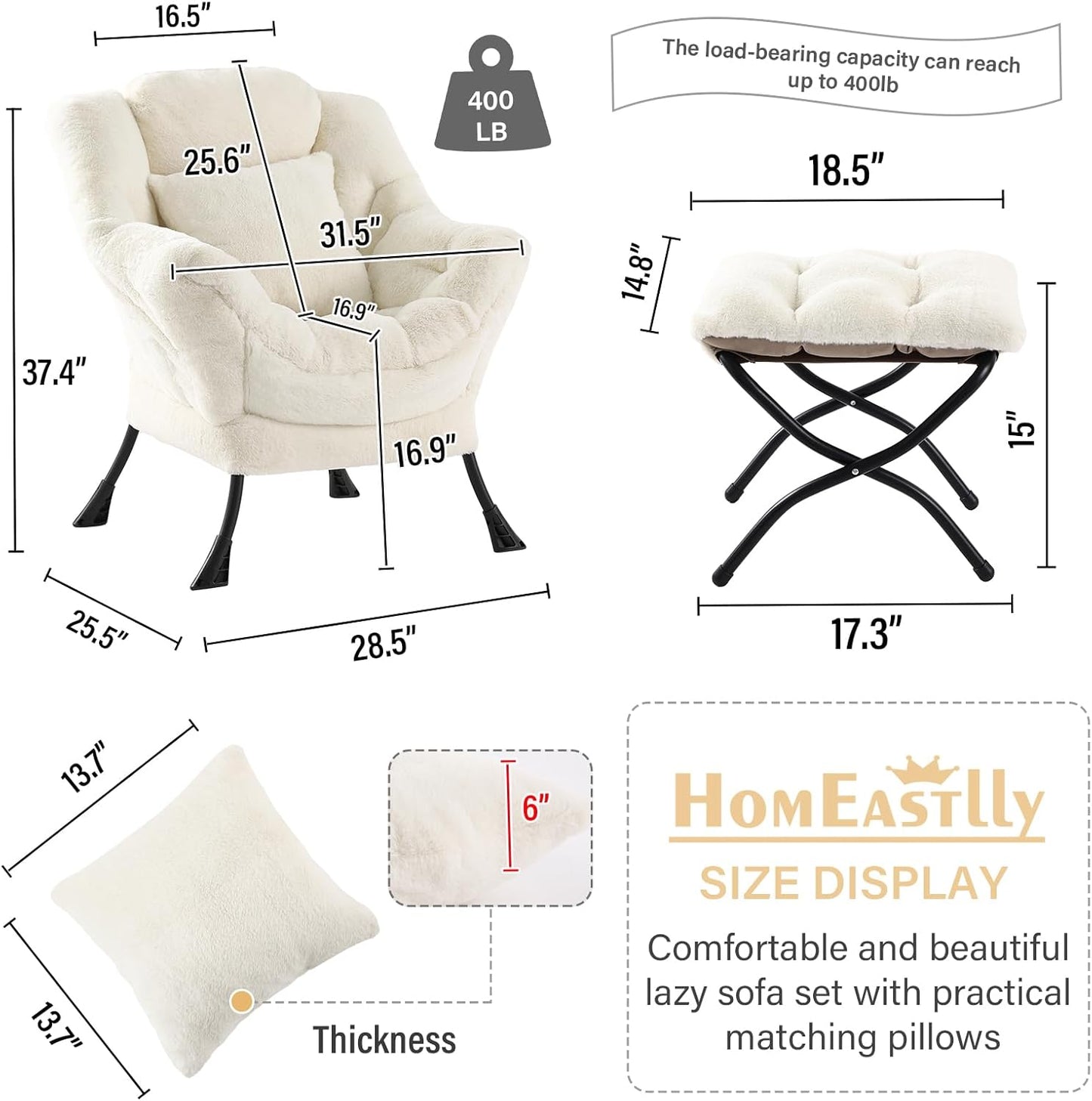 Lazy Chair with Ottoman, Large Lvory Accent Chair with Ottoman and FA Throw Pillow, Comfy Plush Reading Chair for Living Room Bedroom Dorm Room Office Apartment Relaxing Use