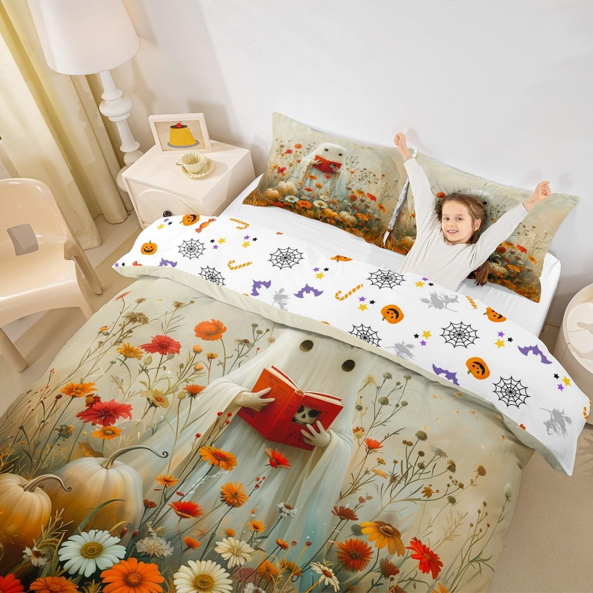 Manfei Reading Ghost Duvet Cover Set Twin Size,Autumn Pumpkins Flower Bedding Set 2pcs,Cute Halloween Theme Quilt Cover,Kids Boys Girls Room Decor,1 Pillowcase,No Comforter