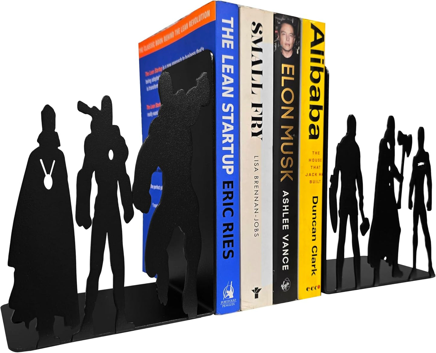 Superhero Metal Bookends, 8 inch Height, 11 inch Width, 4 inch Depth, Black Powder Coated, 3 lbs, Decorative Bookends for Shelves