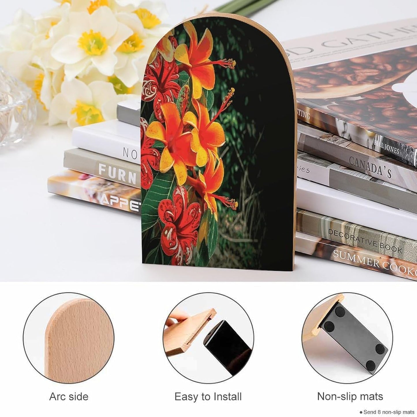 Hawaii Flowers Bookends 1 Pair Heavy Duty Book Ends for Shelves Non-Skid Bookend Supports Wooden Book Holders with Metal Base Desk Organizers Books Storage to Hold Books