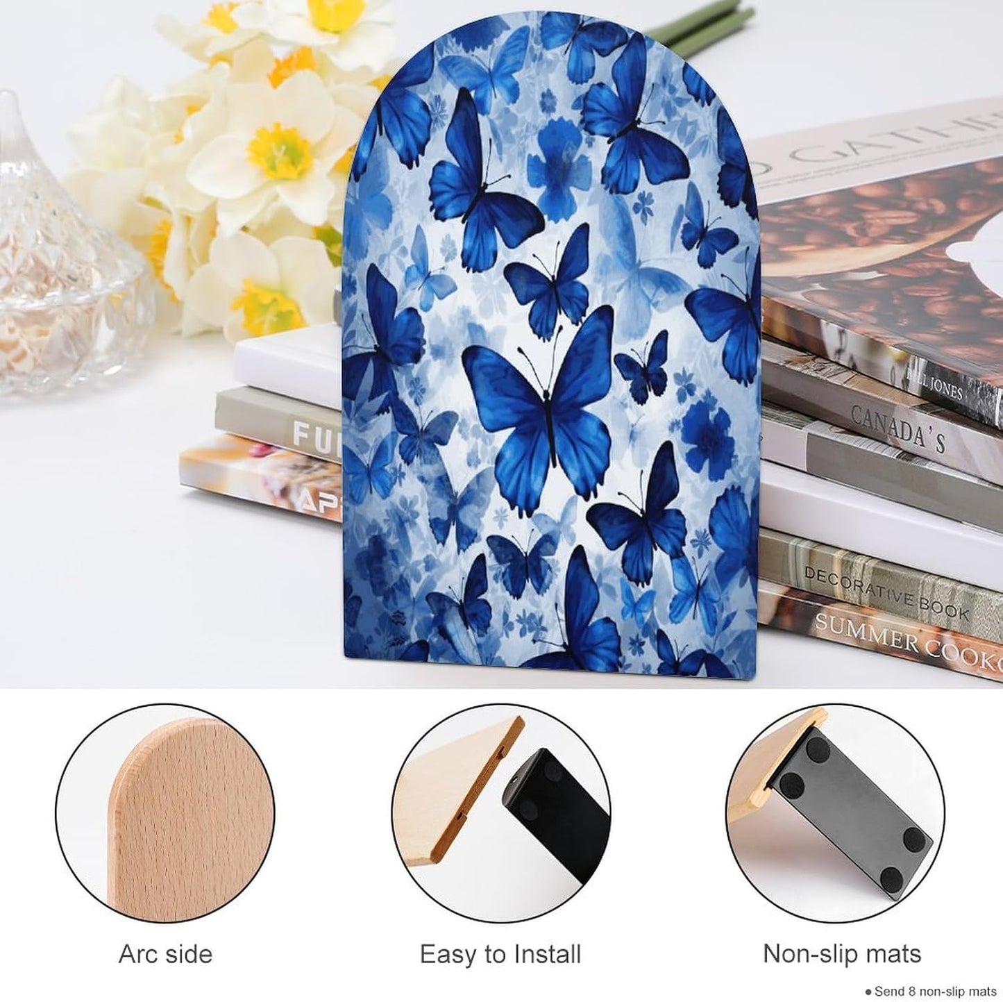 Blue Butterflies Bookend for Shelves Wooden Book End Large Size Sturdy Book Holders Stoppers with Metal Base for Bookshelves Slick Decorative Bookends Stands