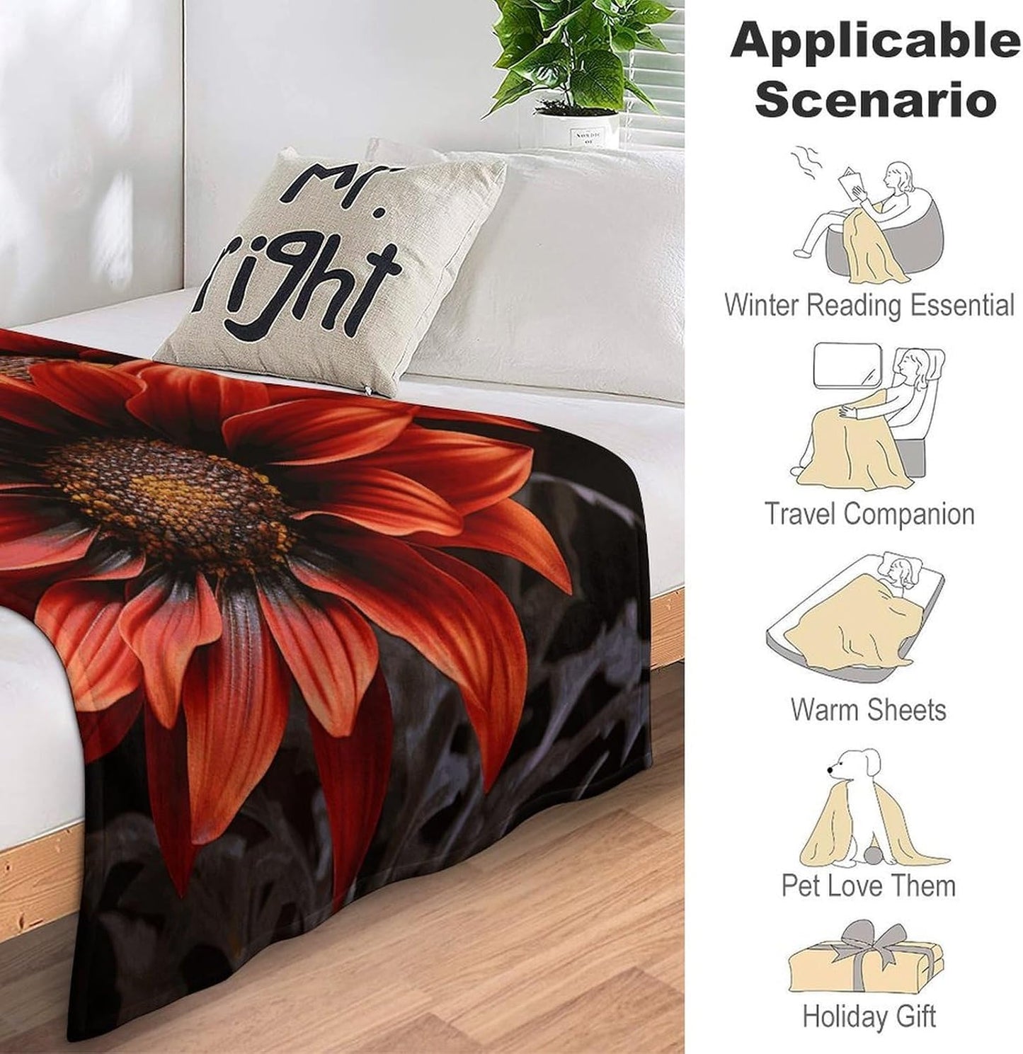 Custom Flannel Fleece Throw Blanket for Adults 40x50 Lightweight Red Sunflower Bedtime Blanket Soft Warm Blankets for Bed Couch Sofa Camping Picnic Wedding Gift Winter Home Decoration